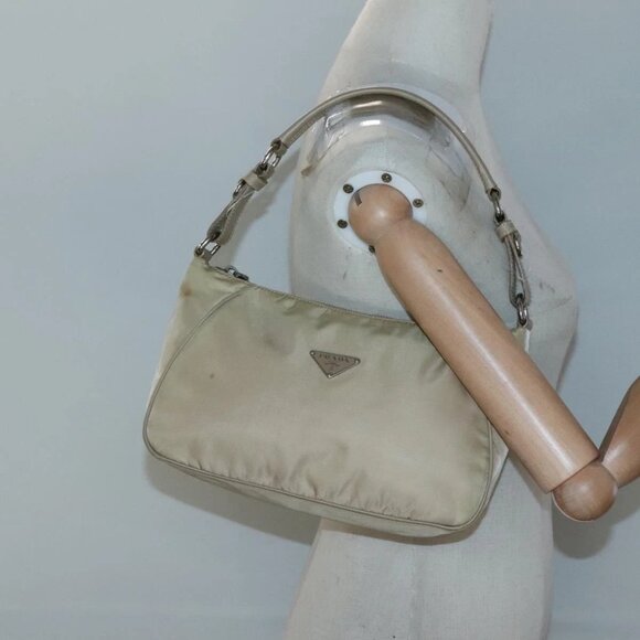 PRADA Hand Bag Nylon Beige Silver Auth - Picture 1 of 16